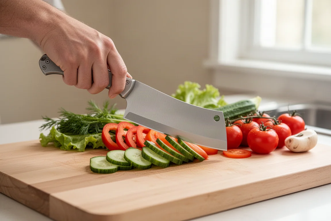 Cleaver-style folding knife slicing vegetables on a cutting board
