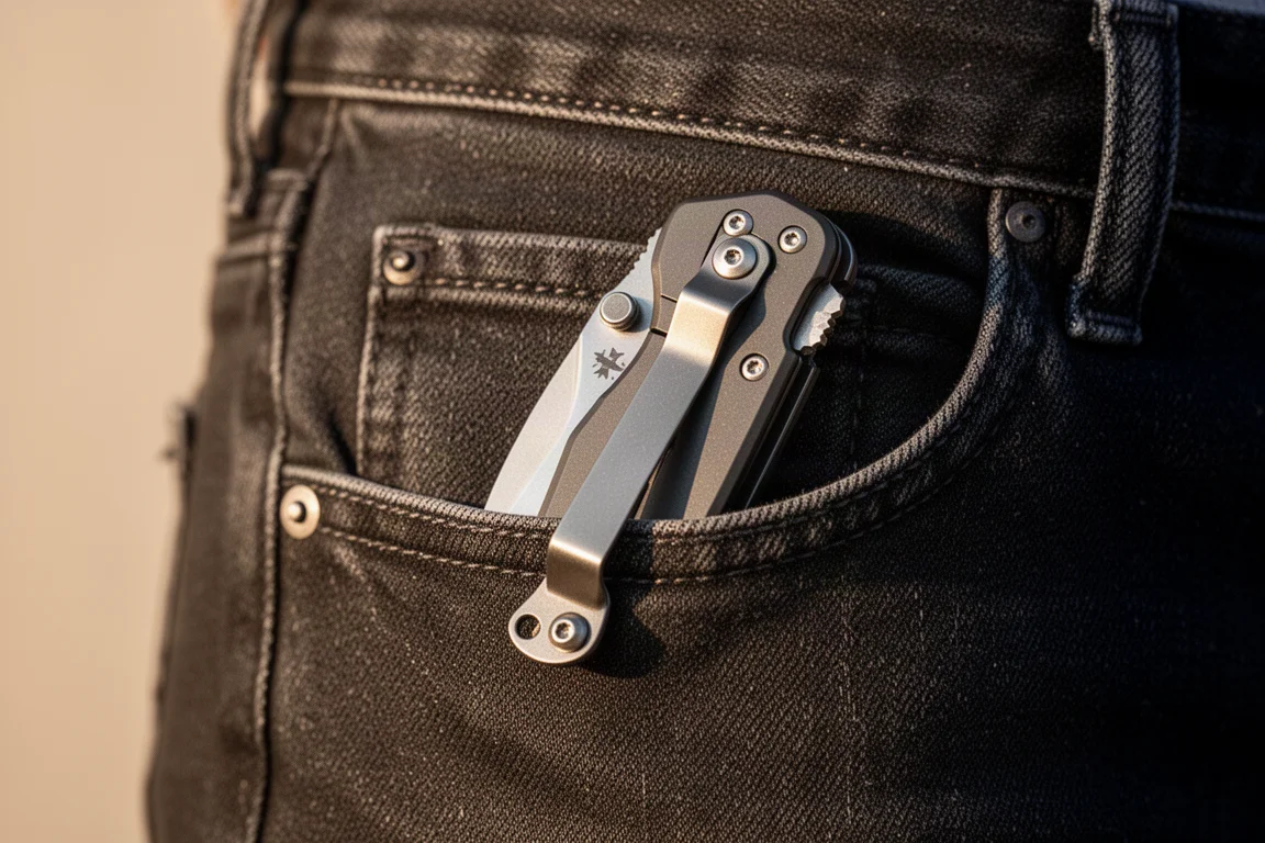Compact budget folding knife clipped to a jeans pocket