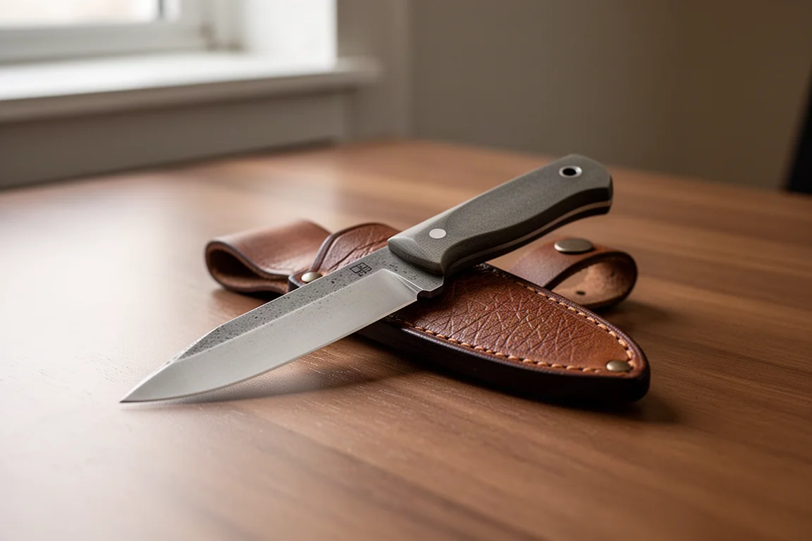 Petit couteau à lame fixe posé sur un étui en cuir sur un bureau en bois