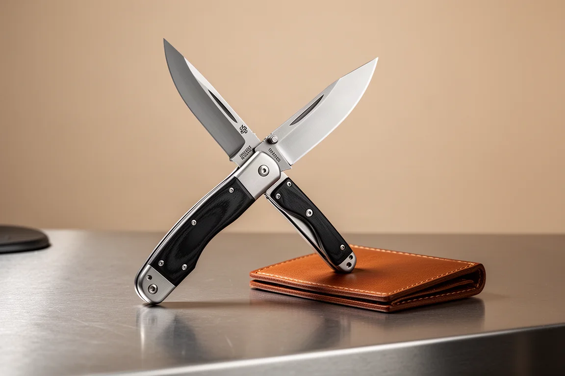 Couteau slip joint de style traditionnel à côté d'une pièce de cuir sur un bureau