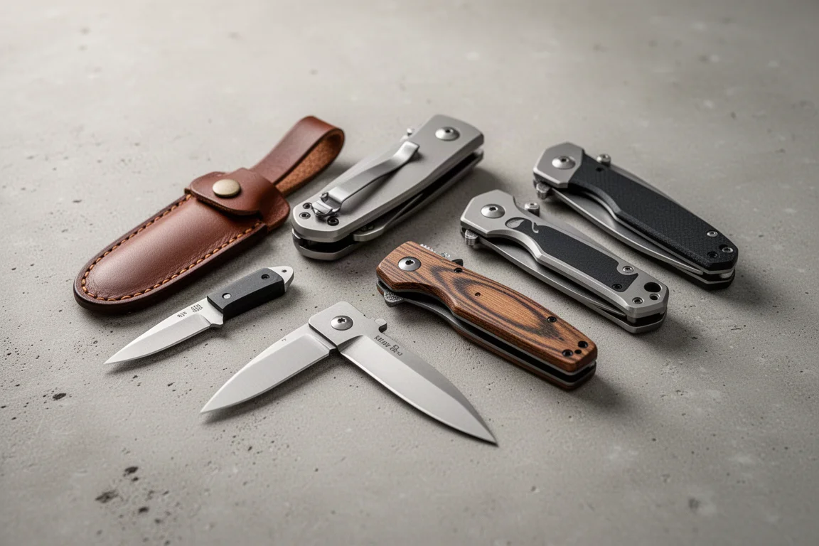 Collection of fixed blade and folding EDC knives arranged on a concrete surface