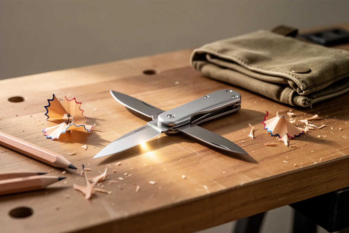 Ein kompaktes Klappmesser in warmem Licht geöffnet auf einer hölzernen Werkbank liegend
