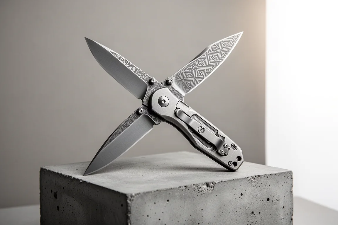 Ein großes integrales Titan-Klappmesser in weichem Licht geöffnet auf Beton stehend