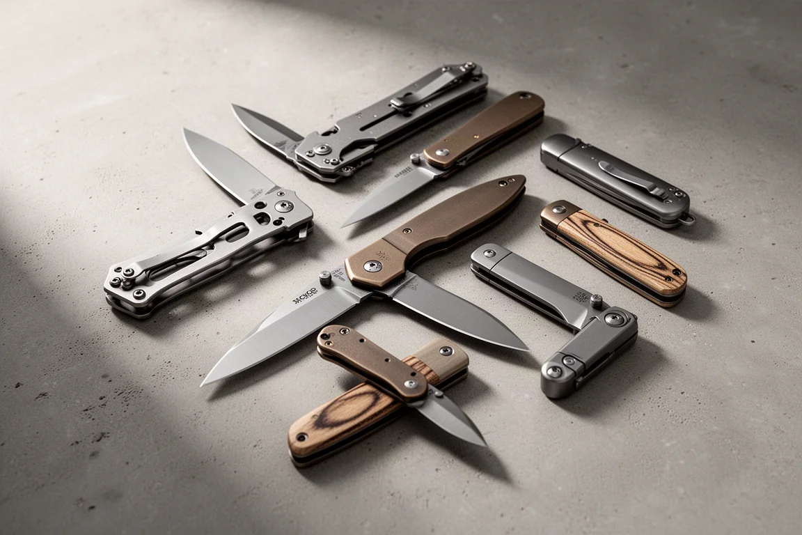 A collection of folding pocket knives arranged on a concrete surface