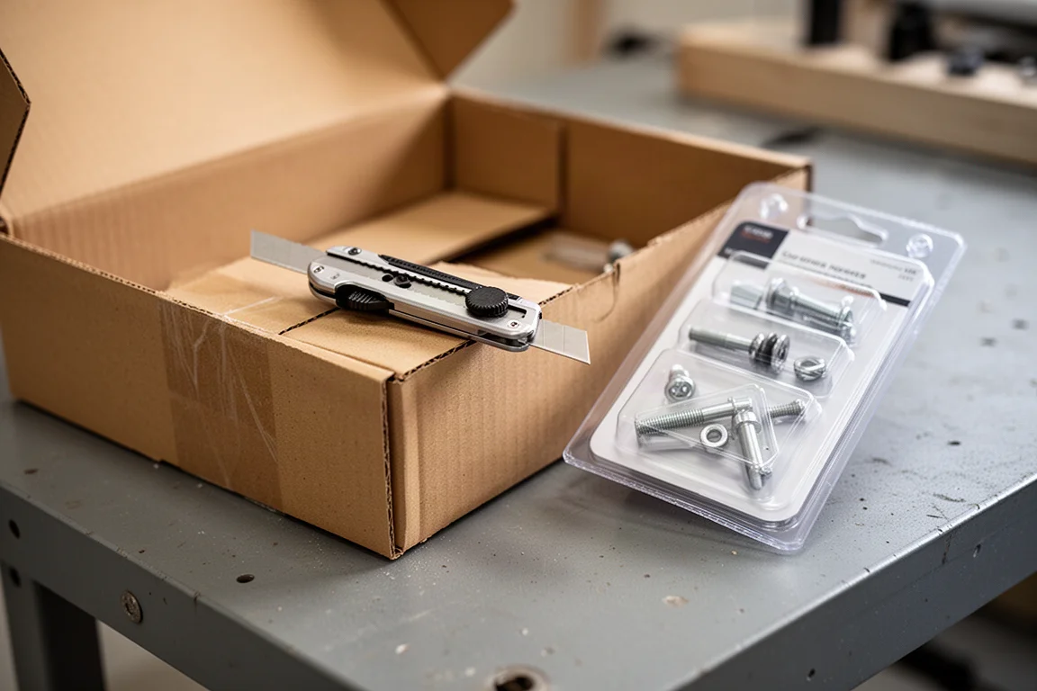 Un coltello utility appoggiato su una scatola di cartone accanto a confezioni di ricambi sigillate