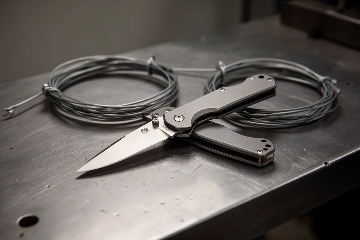 Un coltello pieghevole da tasca aperto su un banco di lavoro in acciaio spazzolato
