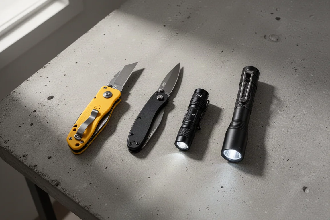 Flat-lay of utility knife, folding knife, and two compact flashlights on a concrete workbench