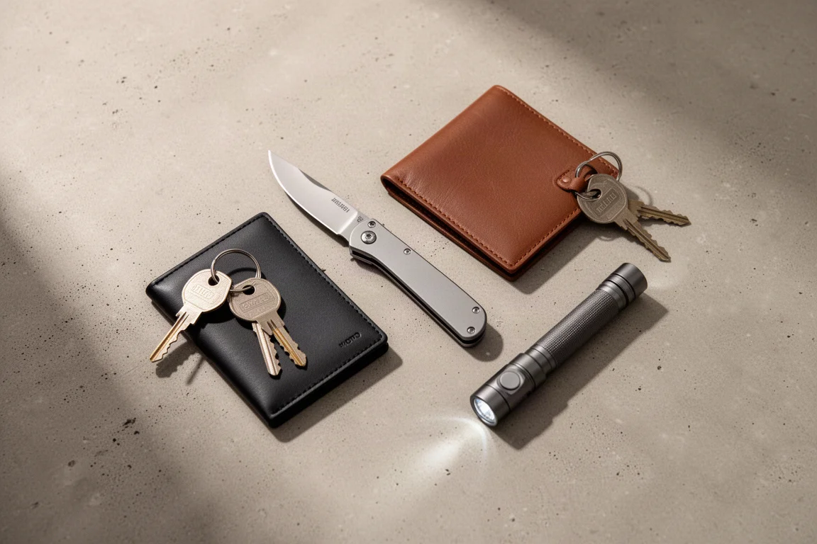 Everyday-Carry-Flat-Lay mit Taschenmesser, Brieftasche und Schlüsseln auf Beton