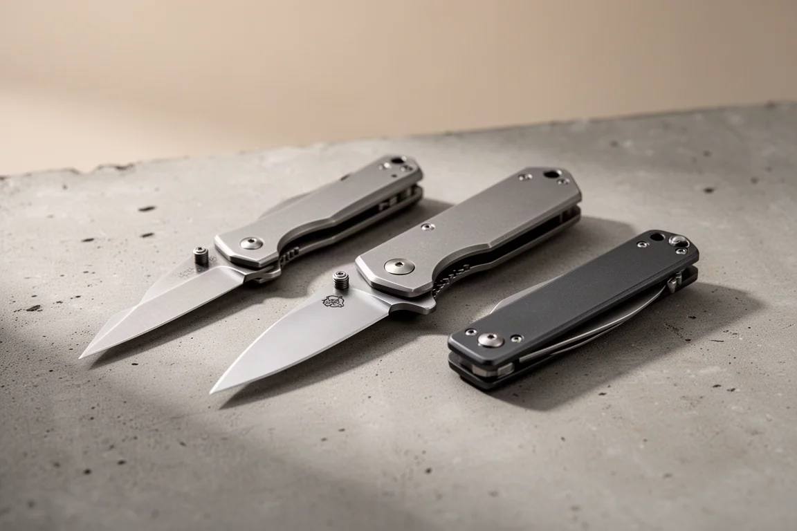 Three folding pocket knives arranged on a matte concrete surface
