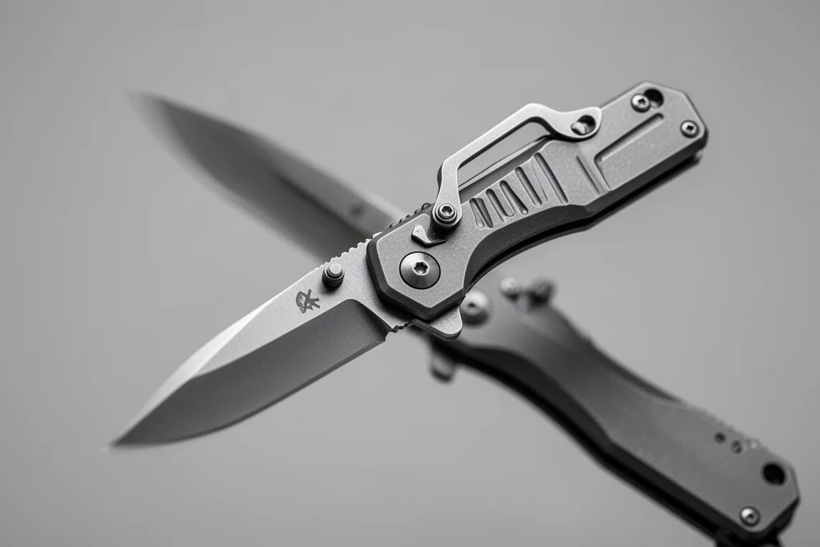 Faca flipper compacta sendo aberta com o polegar em um fundo cinza