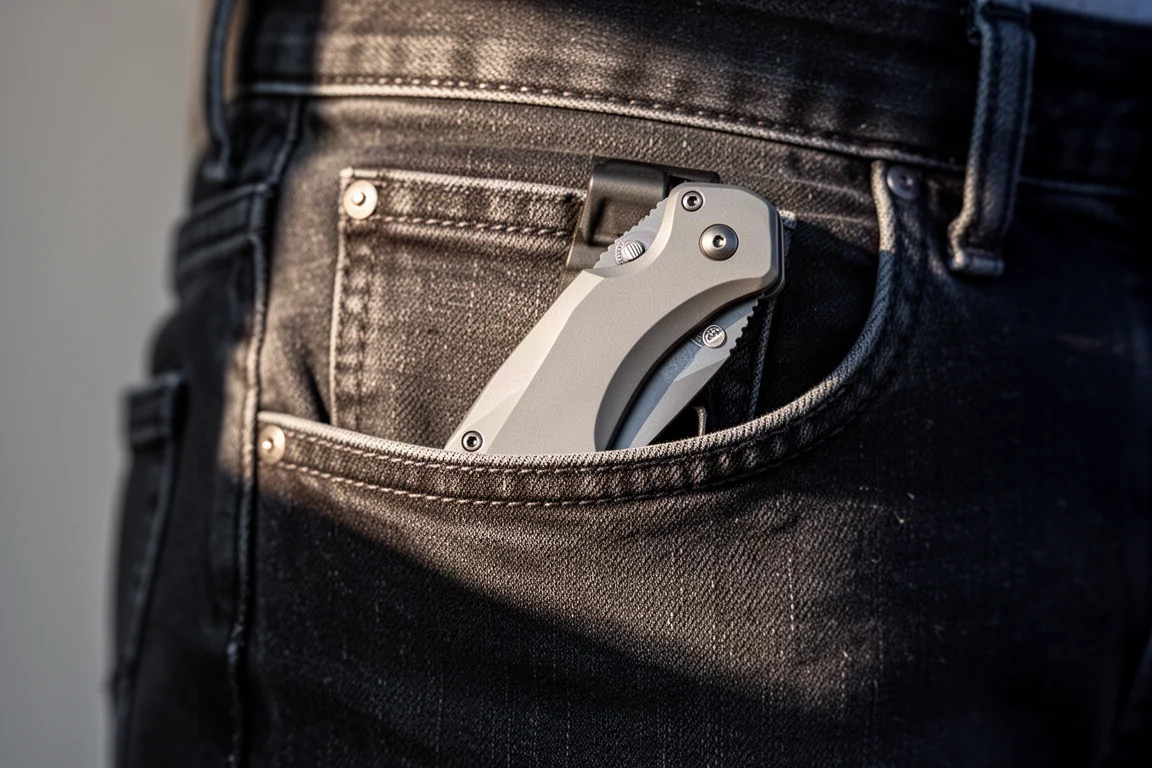 Faca dobrável fina e leve presa ao bolso de uma calça jeans