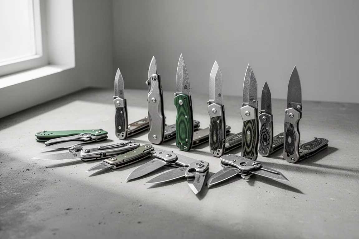 Collection of ten folding pocket knives arranged on a matte concrete surface