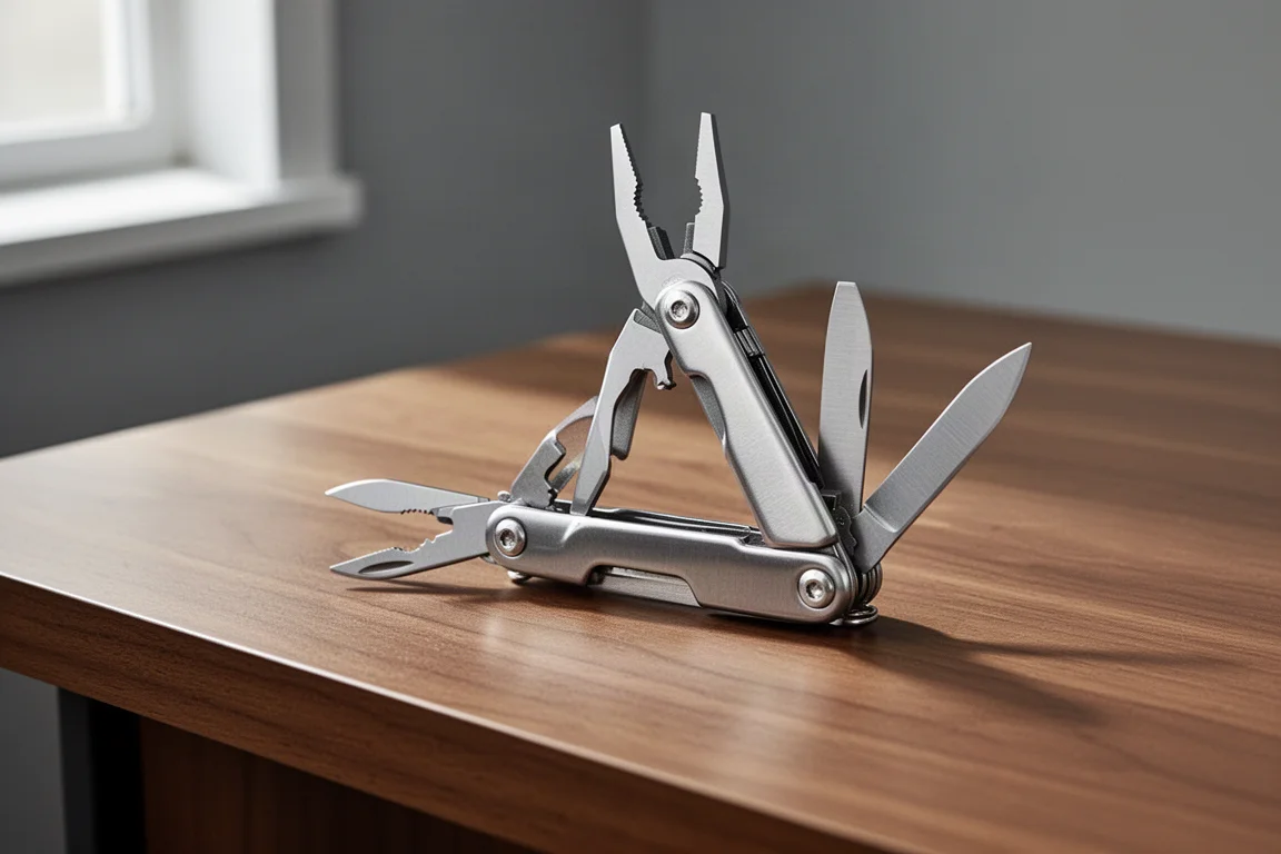 Compacte opvouwbare multitool op een houten bureau met de tang gedeeltelijk uitgeklapt