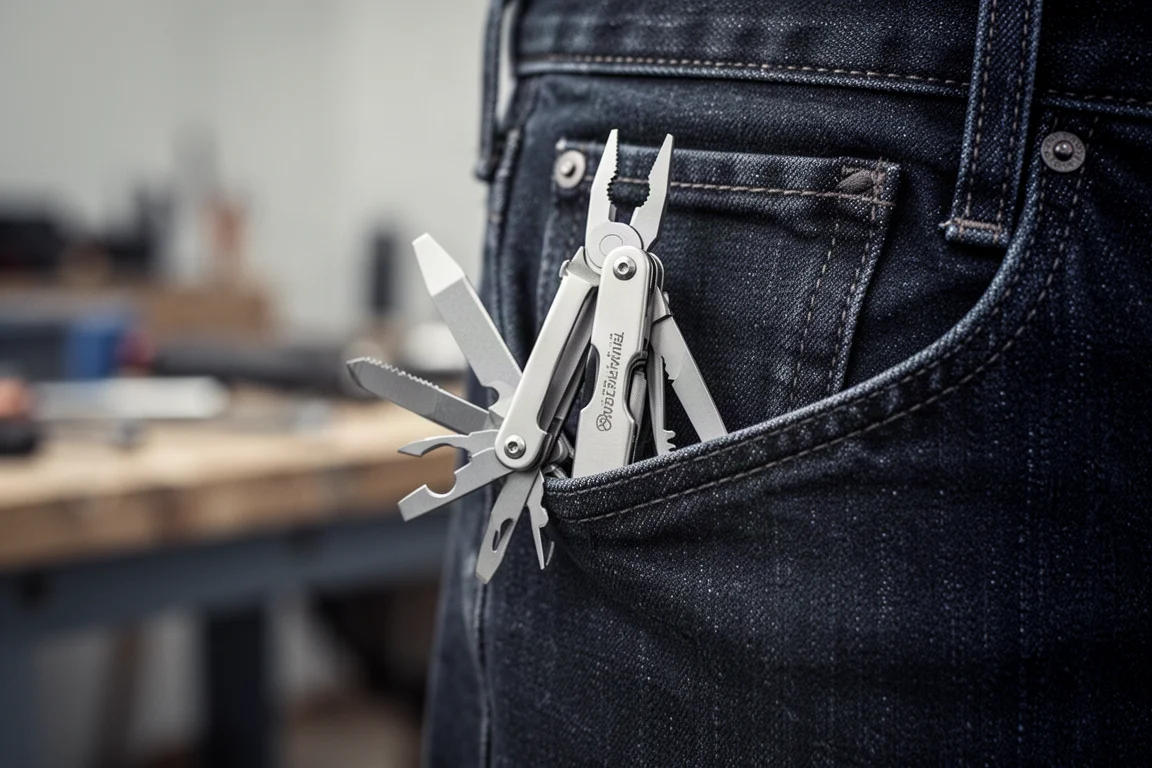 Handen reiken in een broekzak waar een kleine multitool aan geklemd zit