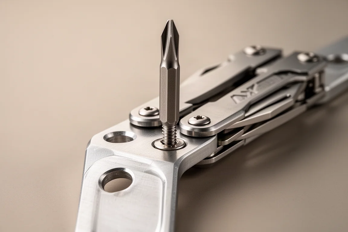 Multitool-schroevendraaier uitgeschoven en draaiend aan een schroef in een metalen beugel