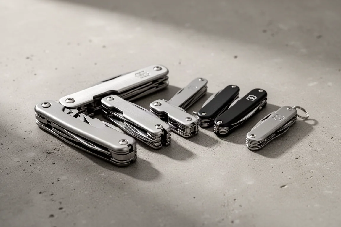 Row of compact multi-tools and Swiss Army knives arranged by size on concrete