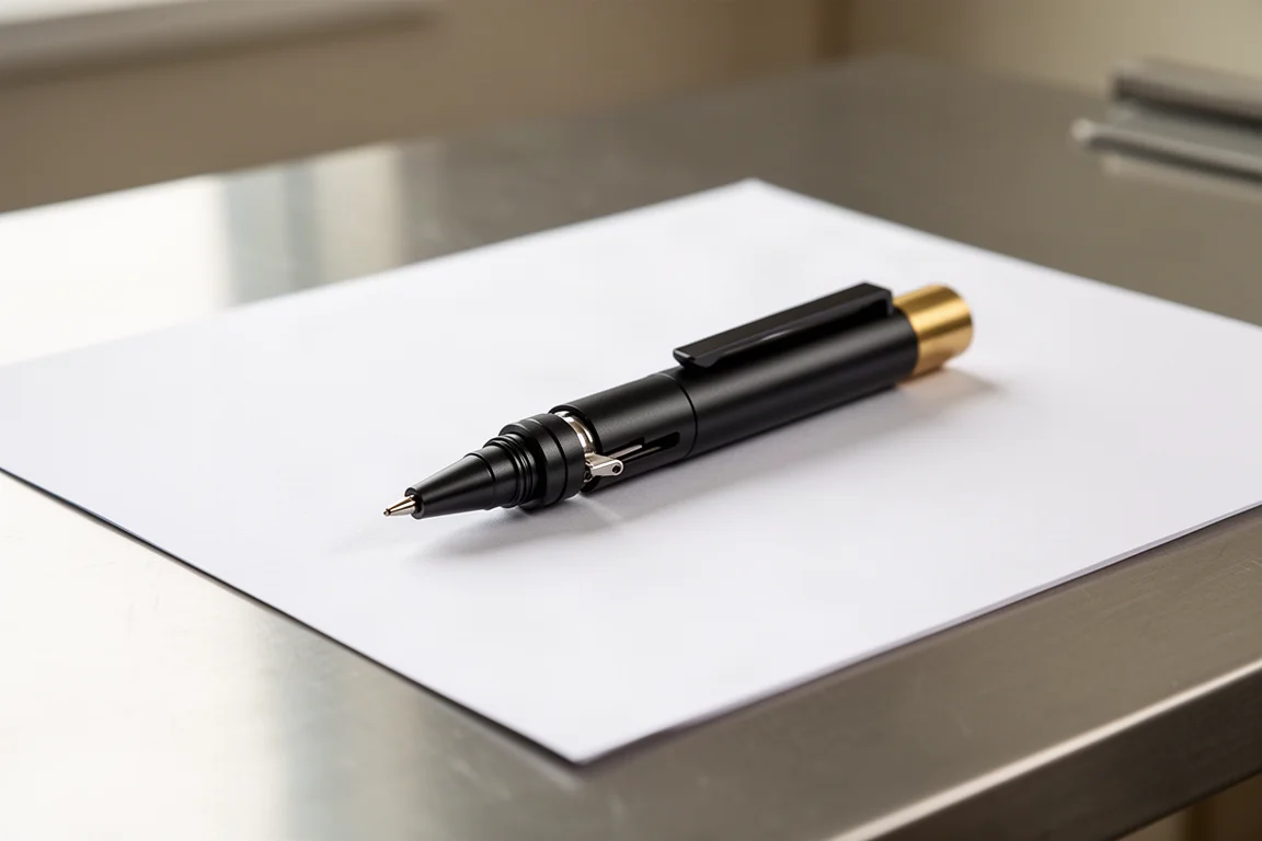 Mattschwarzer Multifunktionsstift ausgefahren und schreibt auf Papier
