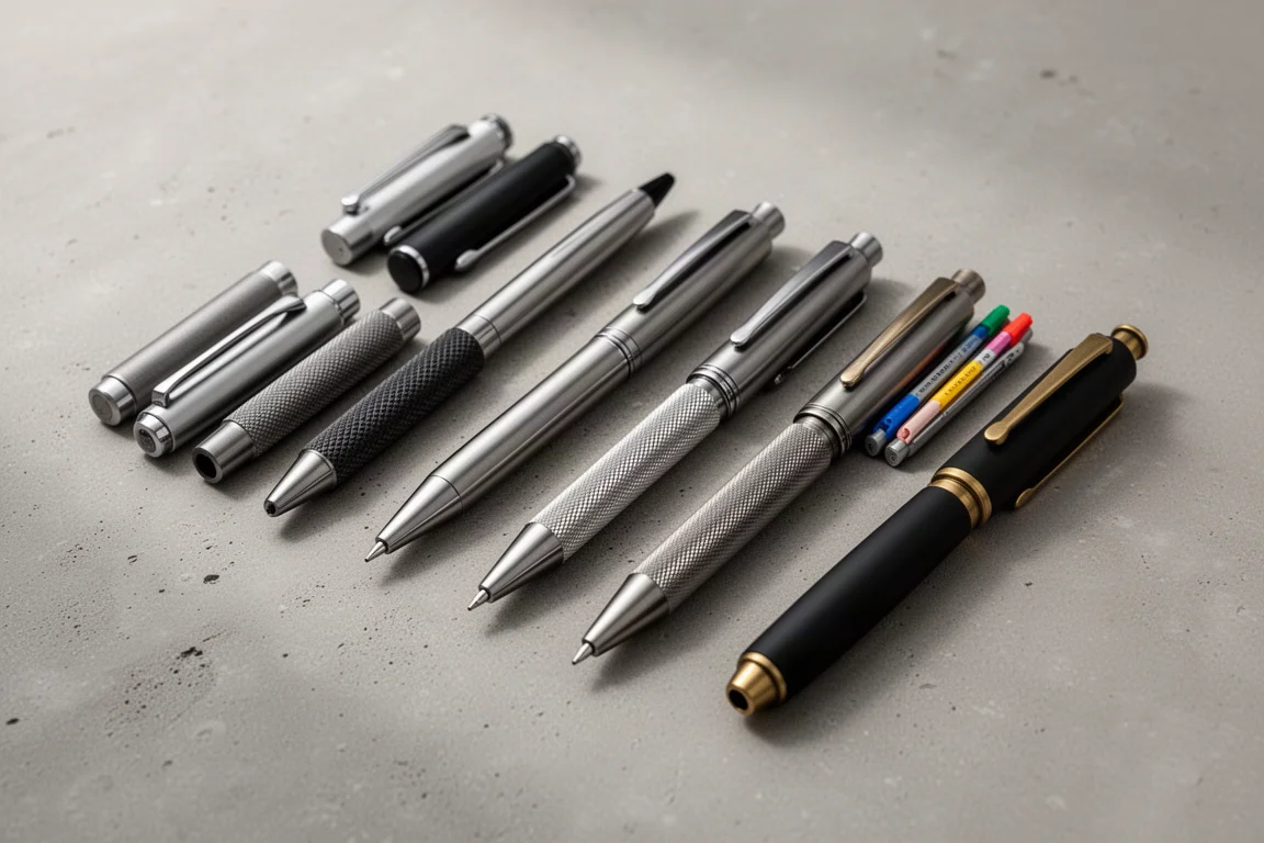 Ten assorted everyday carry pens arranged on a concrete surface