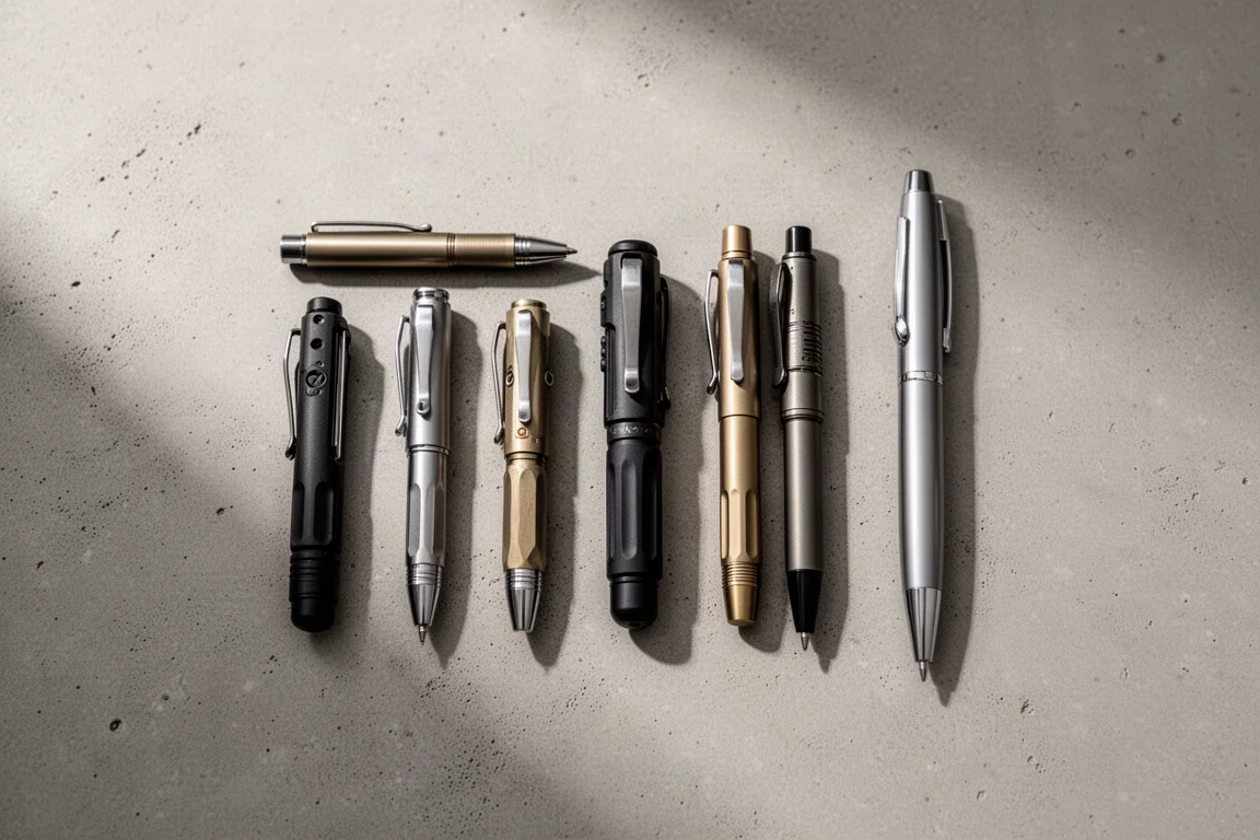 Compact EDC pens laid out on a flat surface next to a standard pen for size comparison