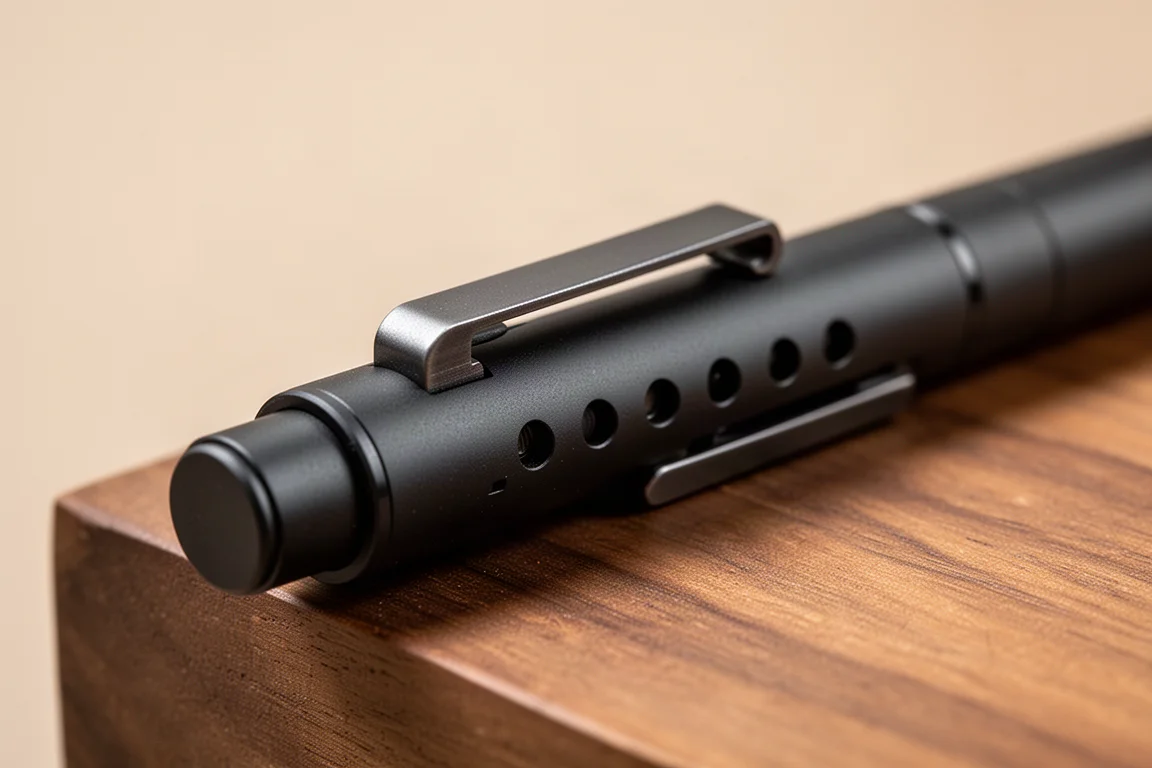 Close-up of a bolt-action pen mechanism on a compact matte black pen