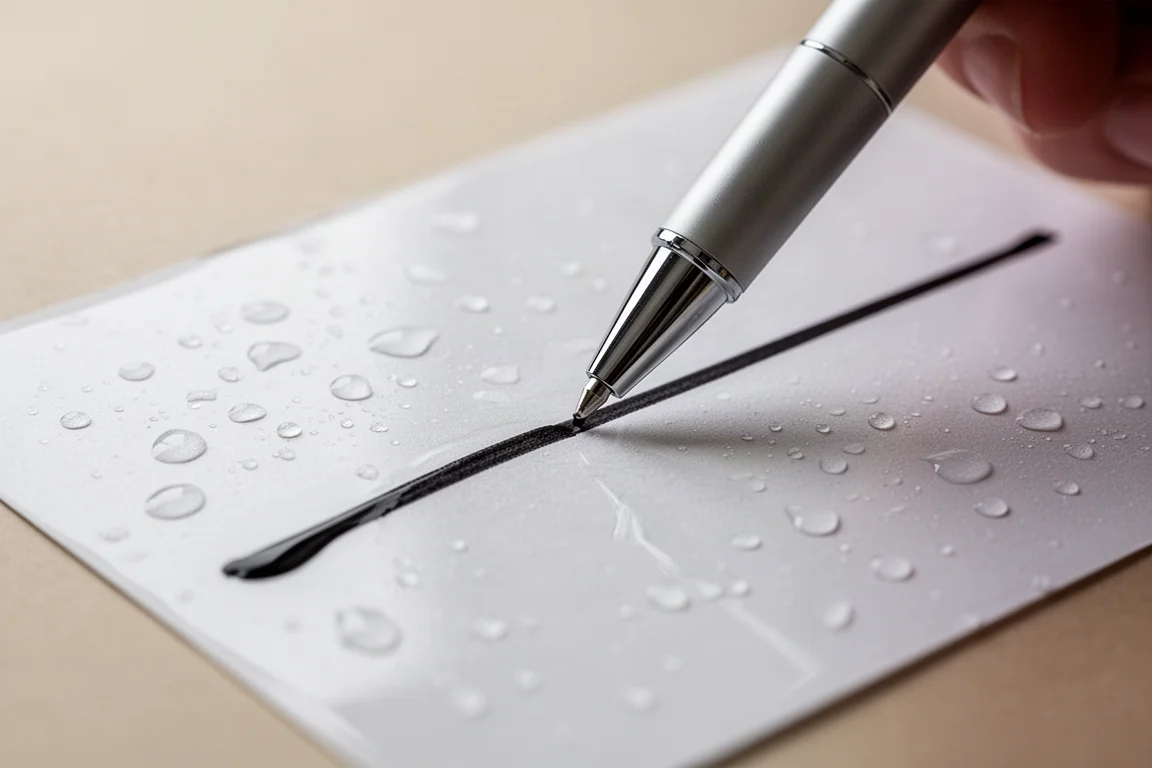 Pressurized pen cartridge writing on a damp glossy surface