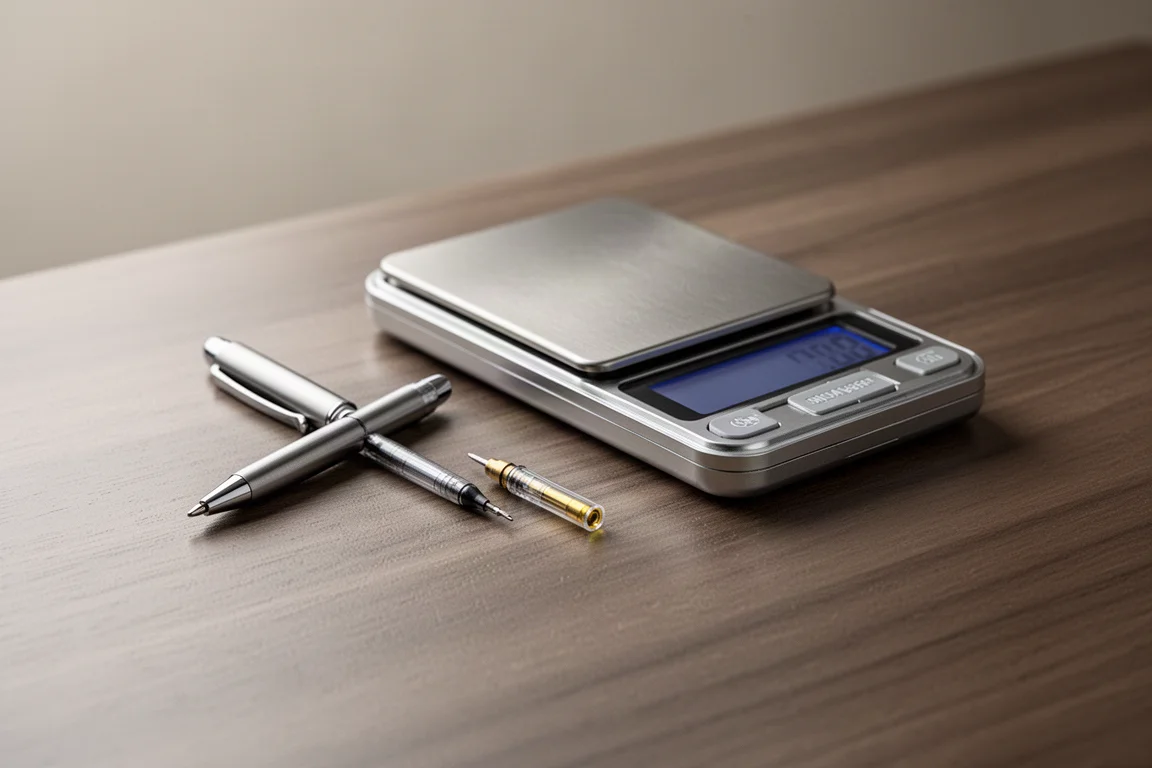 Small pen and loose refill cartridge on a pocket scale showing minimal weight