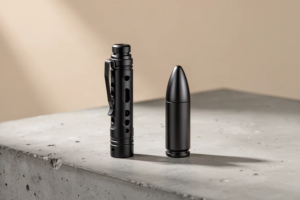 Two compact EDC pens on a matte concrete surface