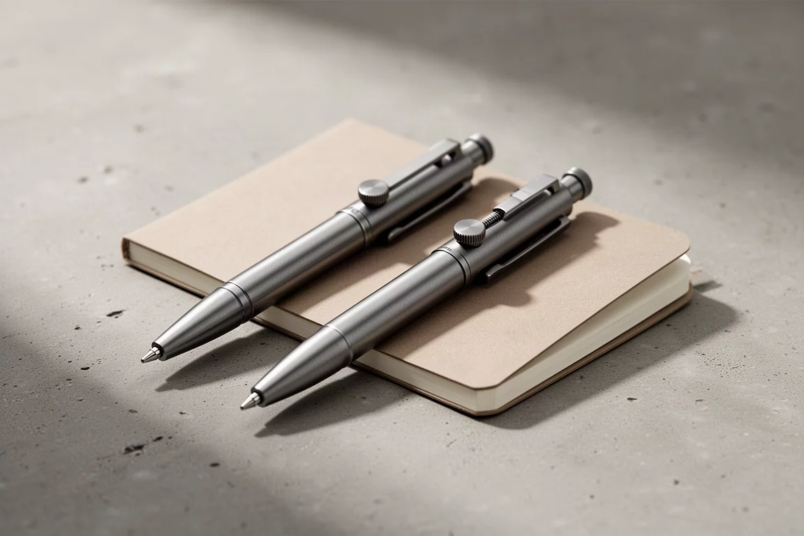 Dos bolígrafos compactos de cerrojo junto a un pequeño cuaderno sobre un escritorio