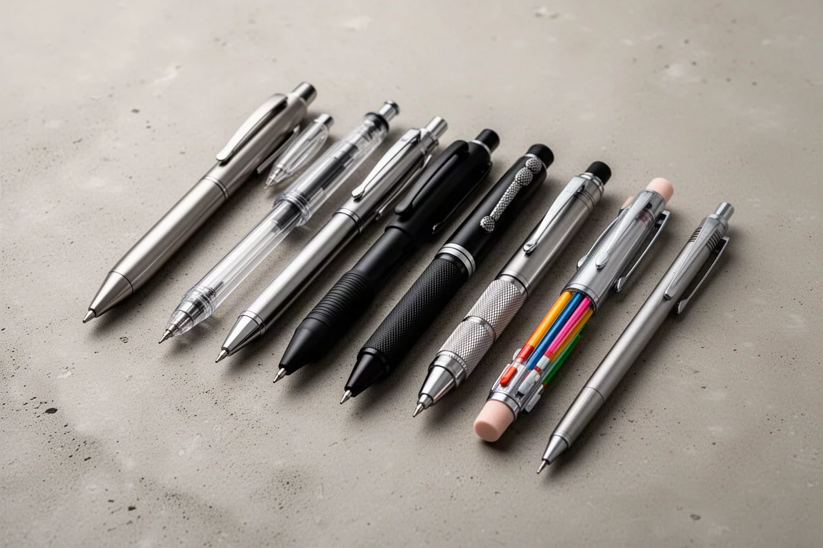Ten assorted EDC pens and a mechanical pencil arranged on a concrete surface