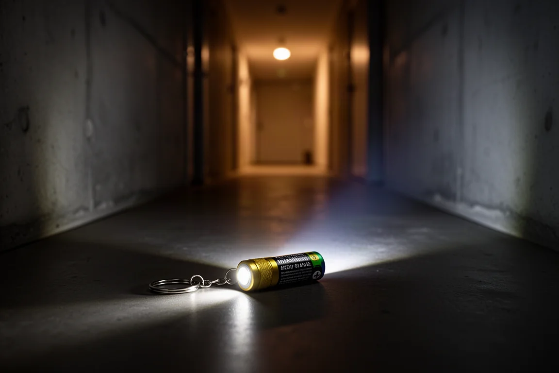 Petite lampe porte-clés projetant un faisceau lumineux dans un couloir intérieur sombre