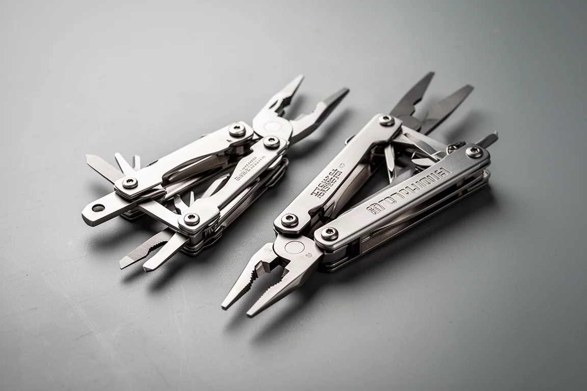 Deux multi-outils full-size en acier inoxydable ouverts sur un établi