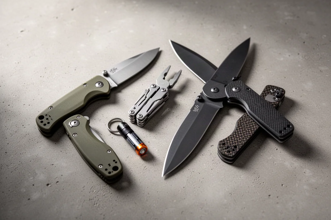 Everyday carry knives, multi-tool, and keychain flashlight arranged on a concrete surface