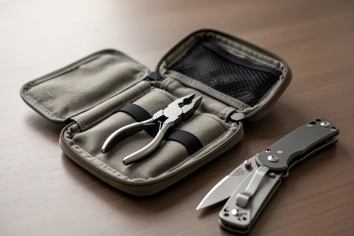 Compacte tang rustend in een open EDC-organizertasje op een houten bureau