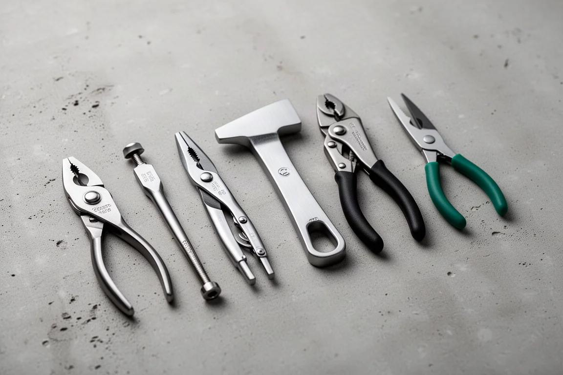 Row of small EDC pliers of different styles arranged on a concrete surface