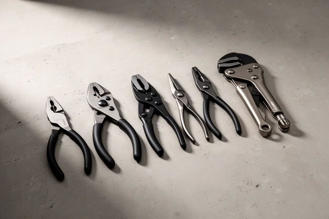 Nine compact pliers of different sizes arranged in a row on a concrete surface