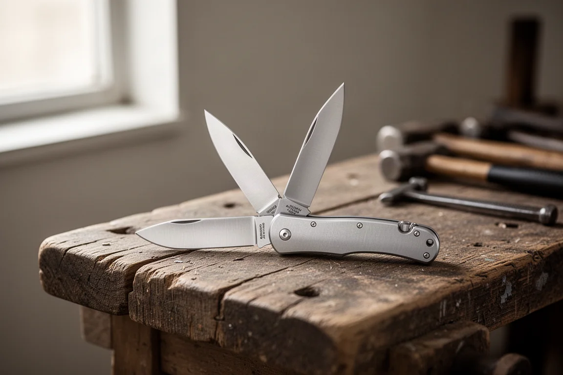 Open folding pocket knife resting on a wooden workbench with tools blurred behind