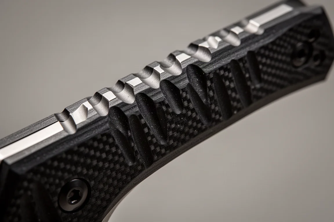 Close-up of a textured knife handle grip under soft studio light