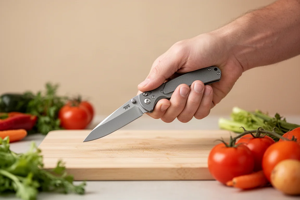 Small folding knife held open in a full four-finger grip during food preparation
