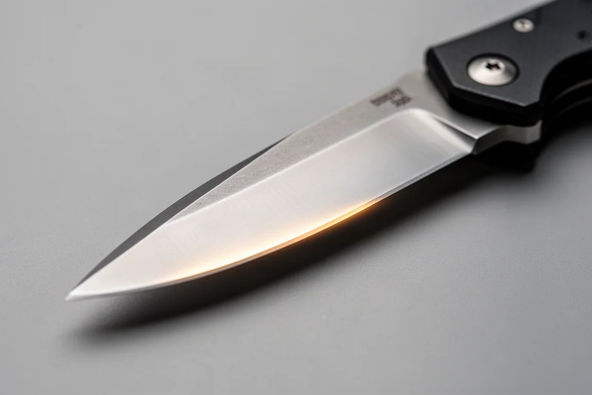Detail of a hollow-ground knife blade edge catching soft light on grey backdrop