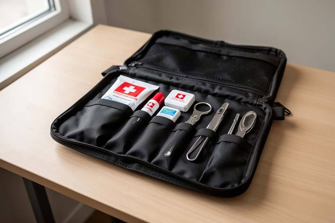 Bolsa plana abierta con cremalleras elásticas sujetando un pequeño kit organizado