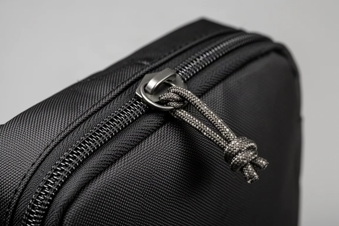 Detalle del cremallero YKK y el tirador de paracord en una bolsa de nailon