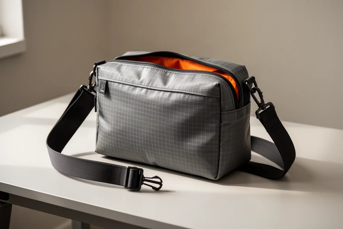 Bolsa de tejido técnico con estilo de bandolera ligera sobre una mesa