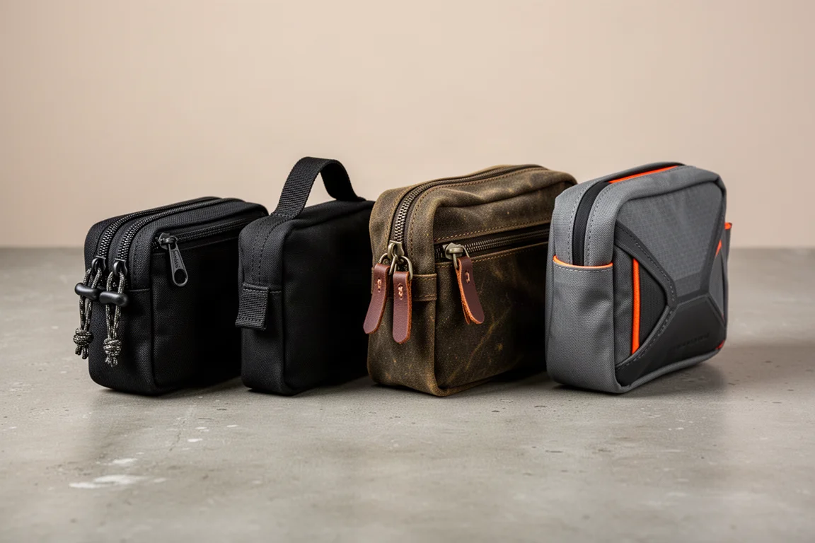Quattro custodie EDC disposte in fila su una superficie di calcestruzzo