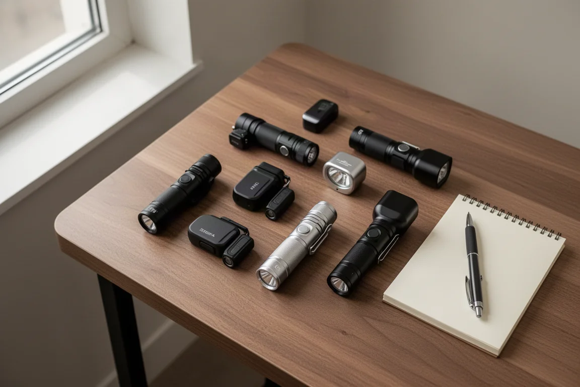 A collection of compact everyday carry flashlights arranged on a desk