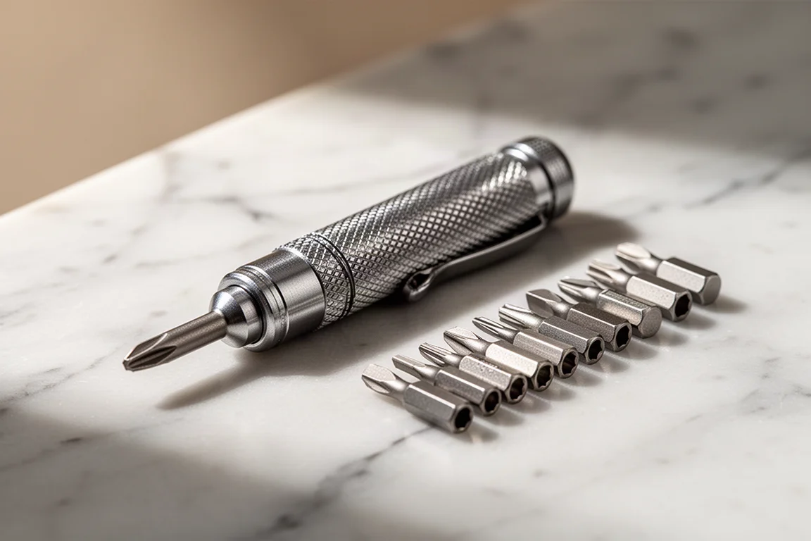 Close-up of a pocket screwdriver with interchangeable double-sided bits laid out beside it