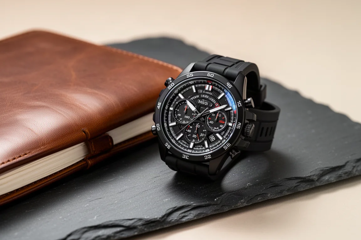 Black chronograph watch with a busy instrument-style dial on a wrist