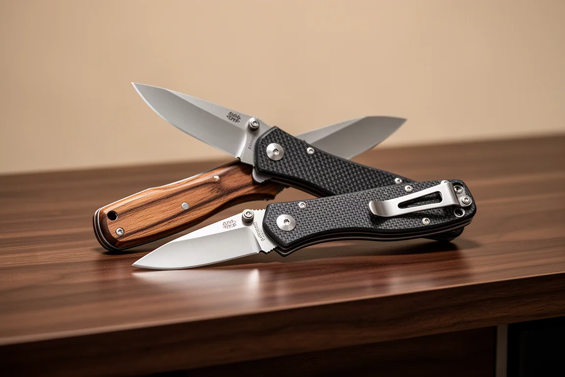 Two folding pocket knives with wood and G10 handles displayed open on a dark surface