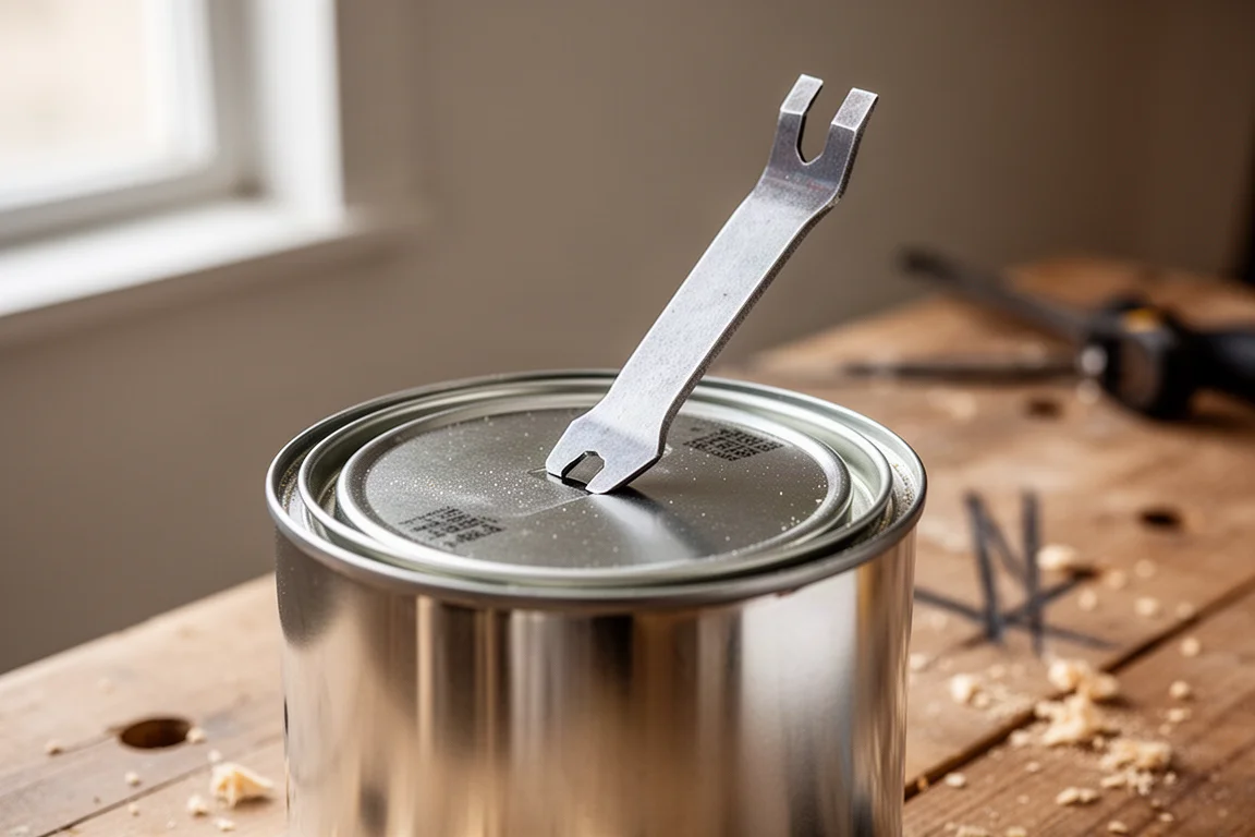 Pry tool edge being used to lift the lid of a paint can on a workbench
