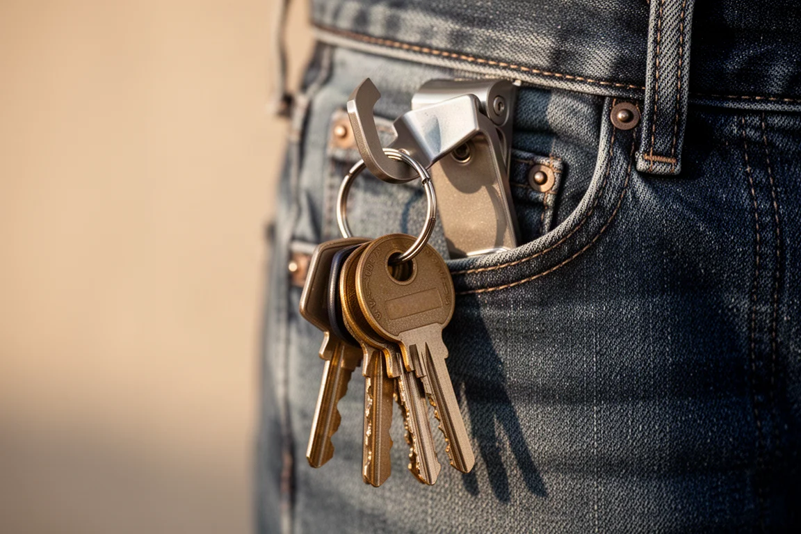 Keys hanging from a small pry tool clipped to a belt loop