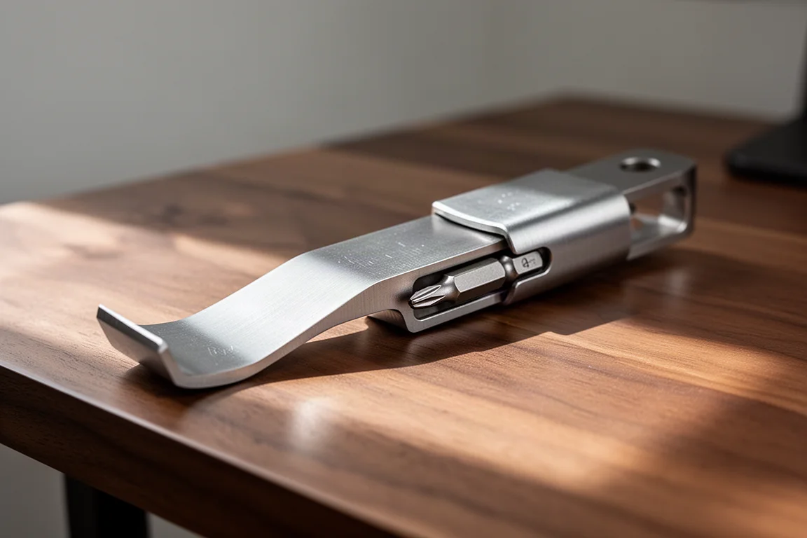 Slim pry tool sliding into the side pocket of a fabric tool pouch